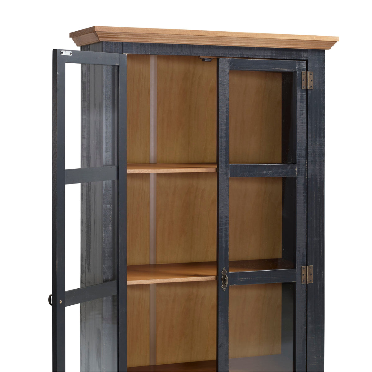 Sunrise Accent Cabinet – 2 Doors with Glass | Distressed Black & Golden Oak | Front Detail