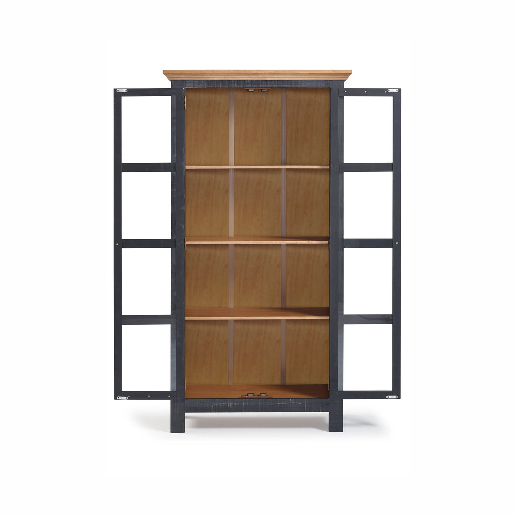 Sunrise Accent Cabinet – 2 Doors with Glass | Distressed Black & Golden Oak | Front Open