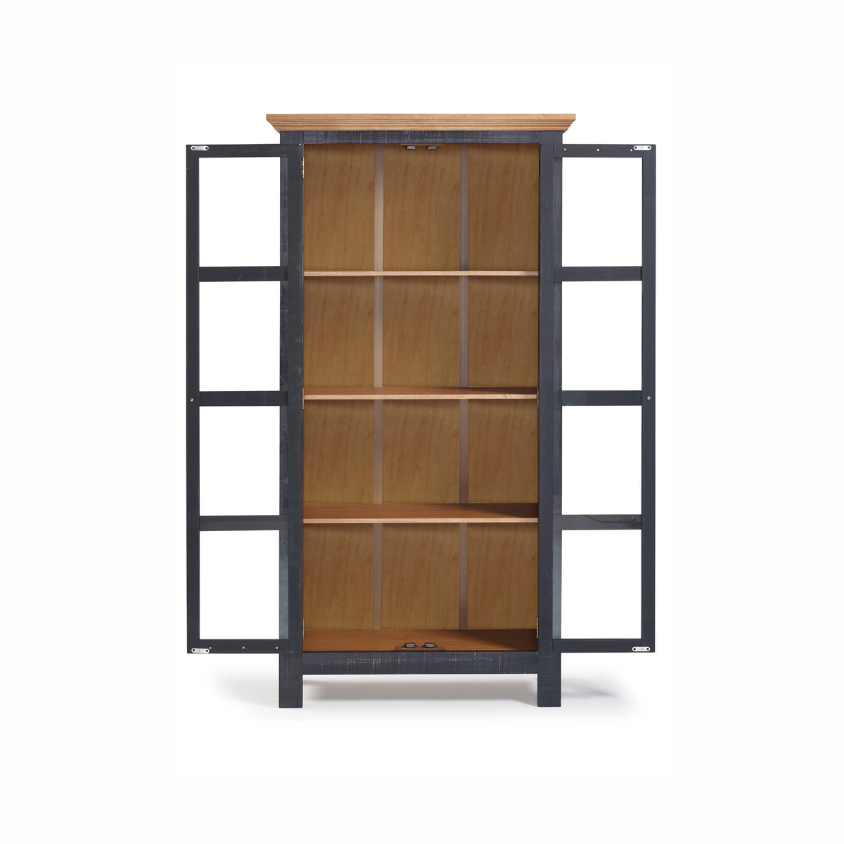 Sunrise Accent Cabinet – 2 Doors with Glass | Distressed Black & Golden Oak | Front Open