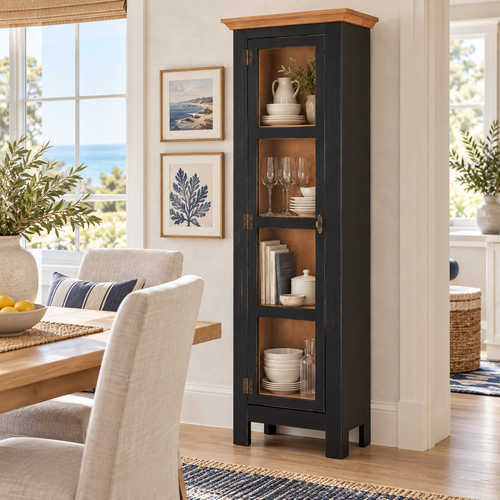 Sunrise Narrow Cabinet | Distressed Black & Golden Oak | Lifestyle 1