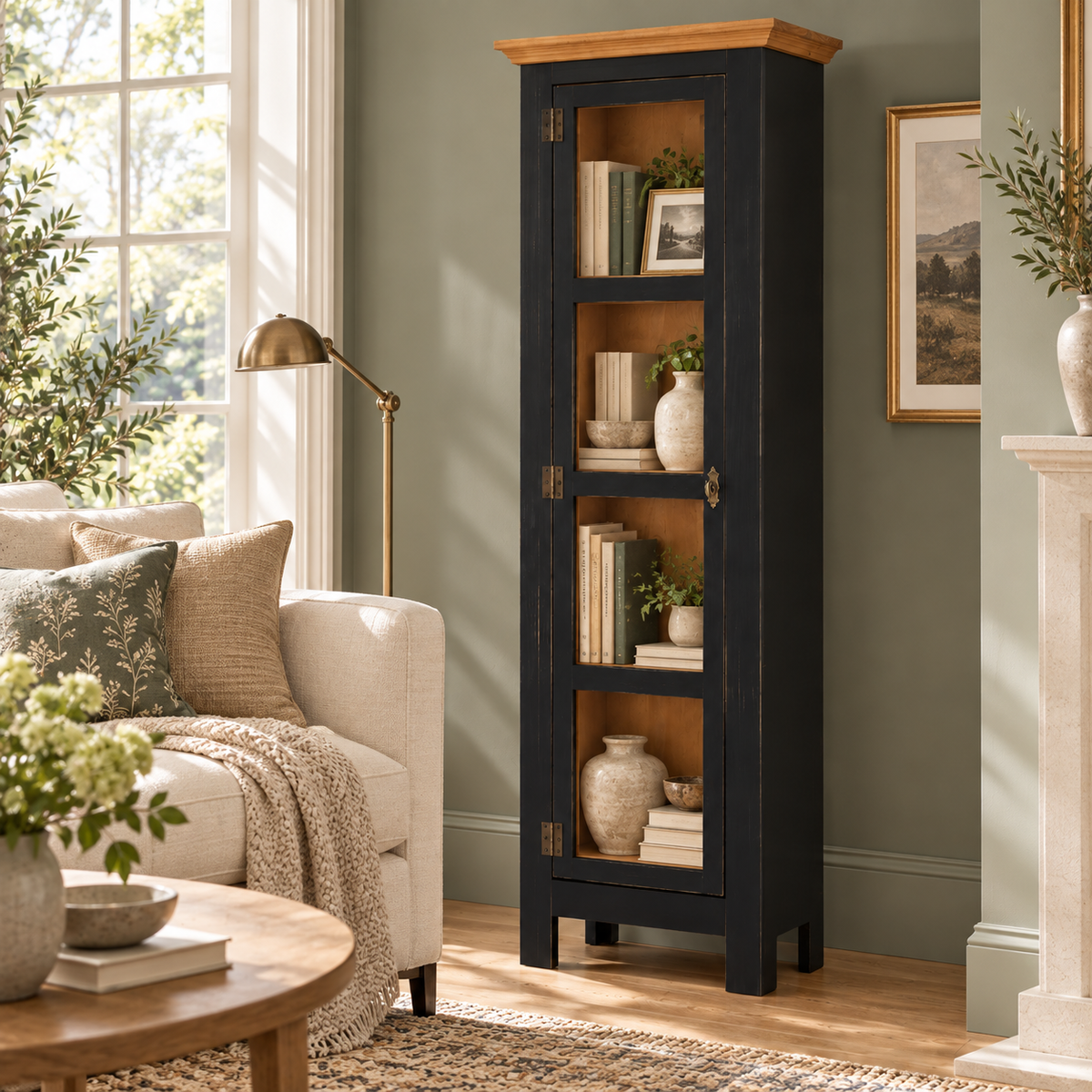 Sunrise Narrow Cabinet | Distressed Black & Golden Oak | Lifestyle 2