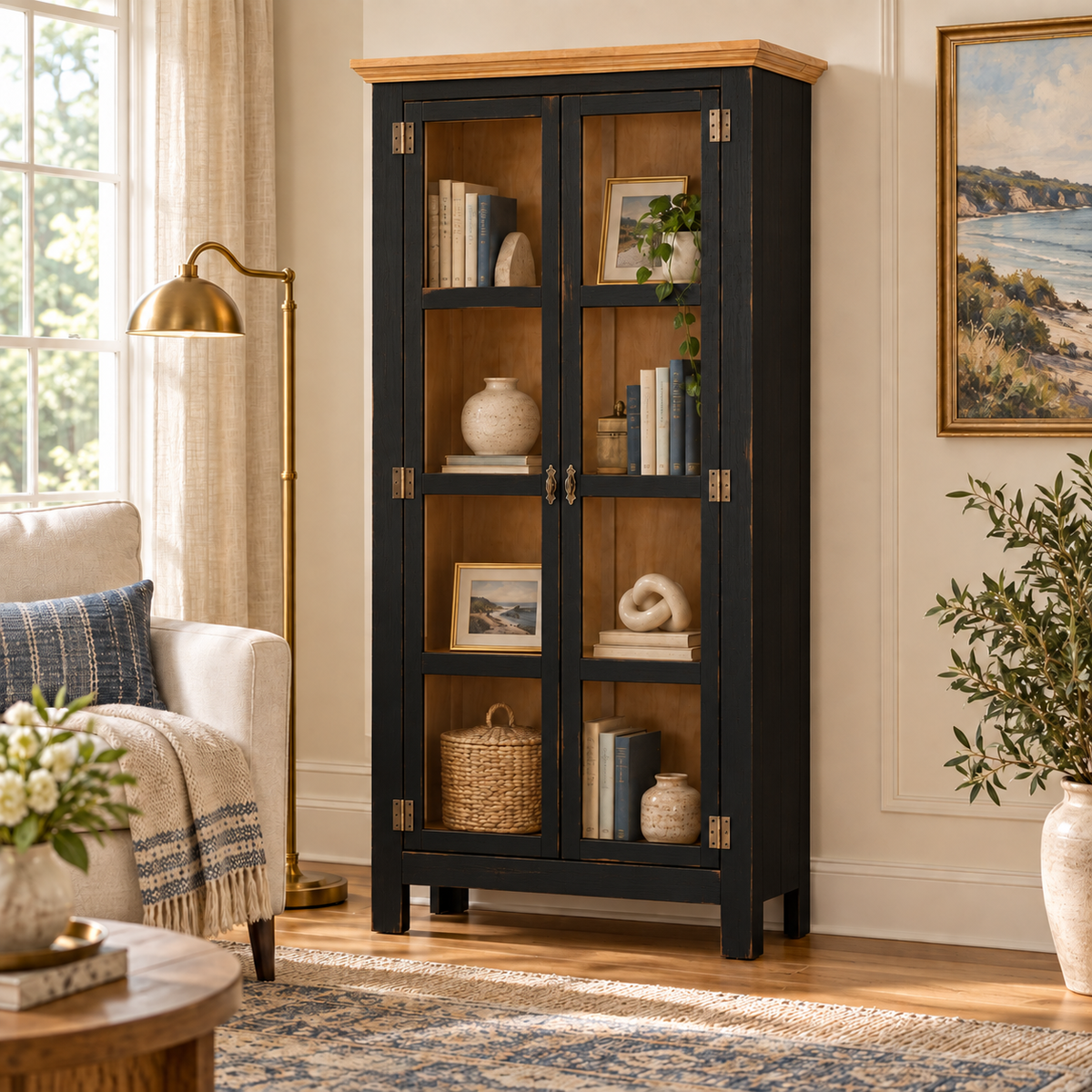 Sunrise Accent Cabinet – 2 Doors with Glass | Distressed Black & Golden Oak | Lifestyle 1