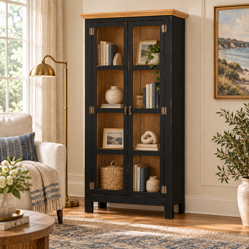 Sunrise Accent Cabinet – 2 Doors with Glass | Distressed Black & Golden Oak | Lifestyle 1