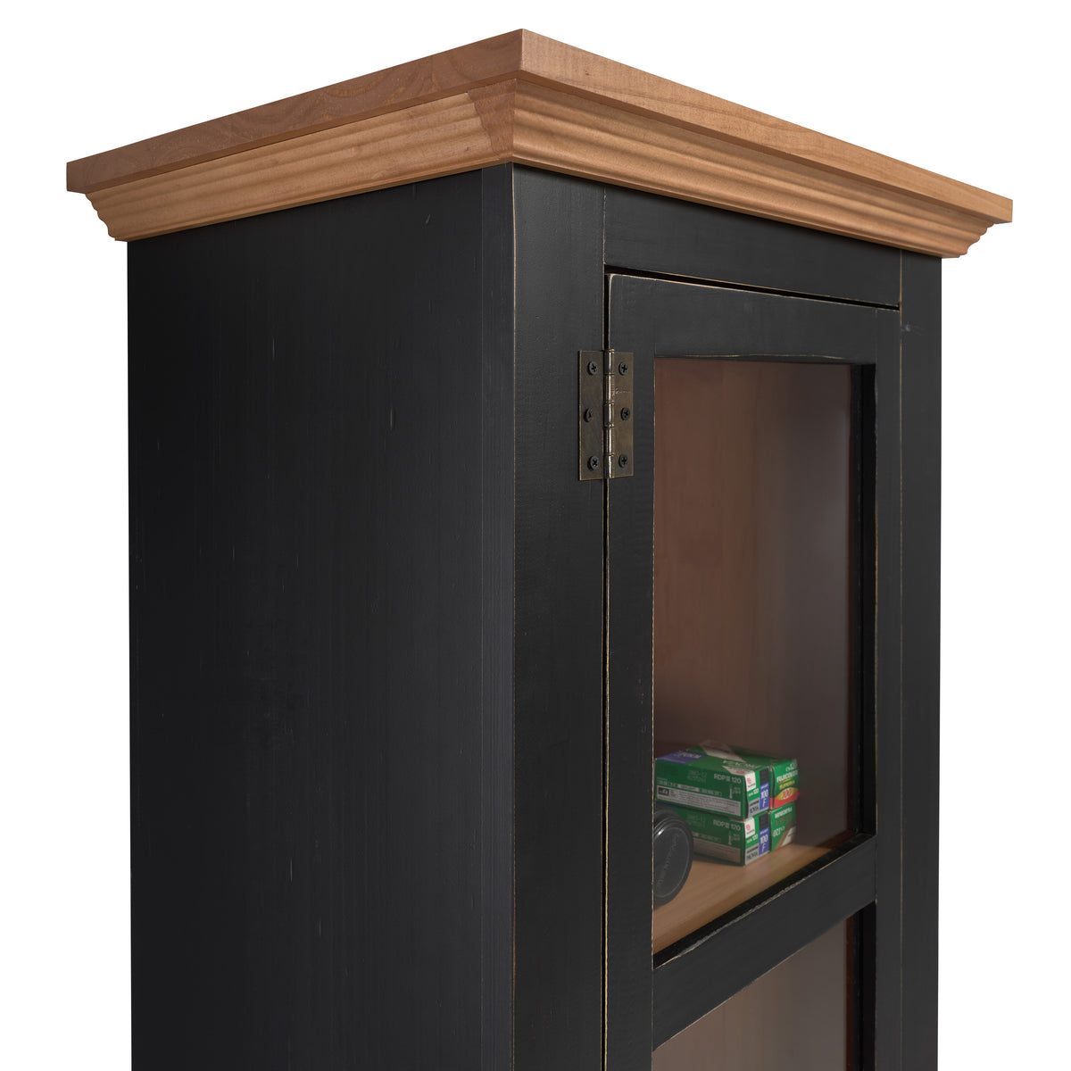 Sunrise Narrow Cabinet | Distressed Black & Golden Oak | Detail